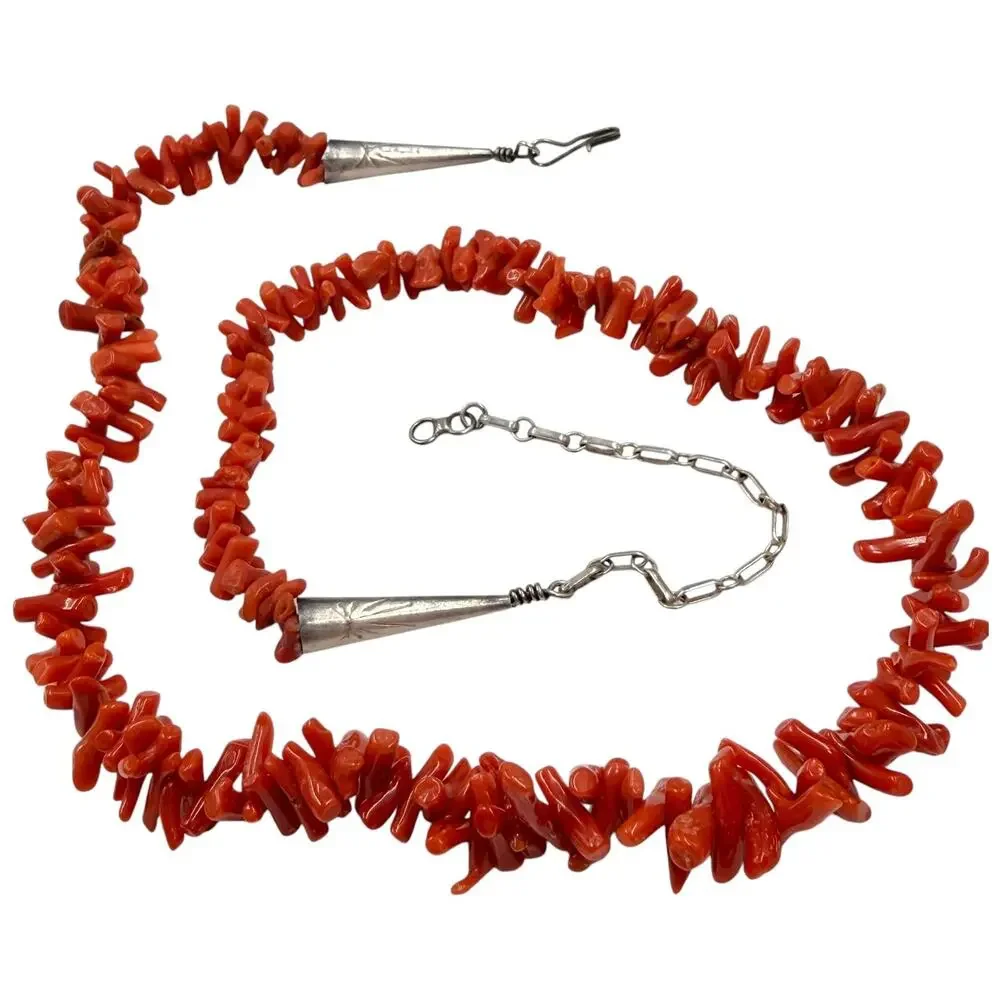 Vintage 70s Sterling Silver Southwest Natural Red Coral Branch Strand Necklace